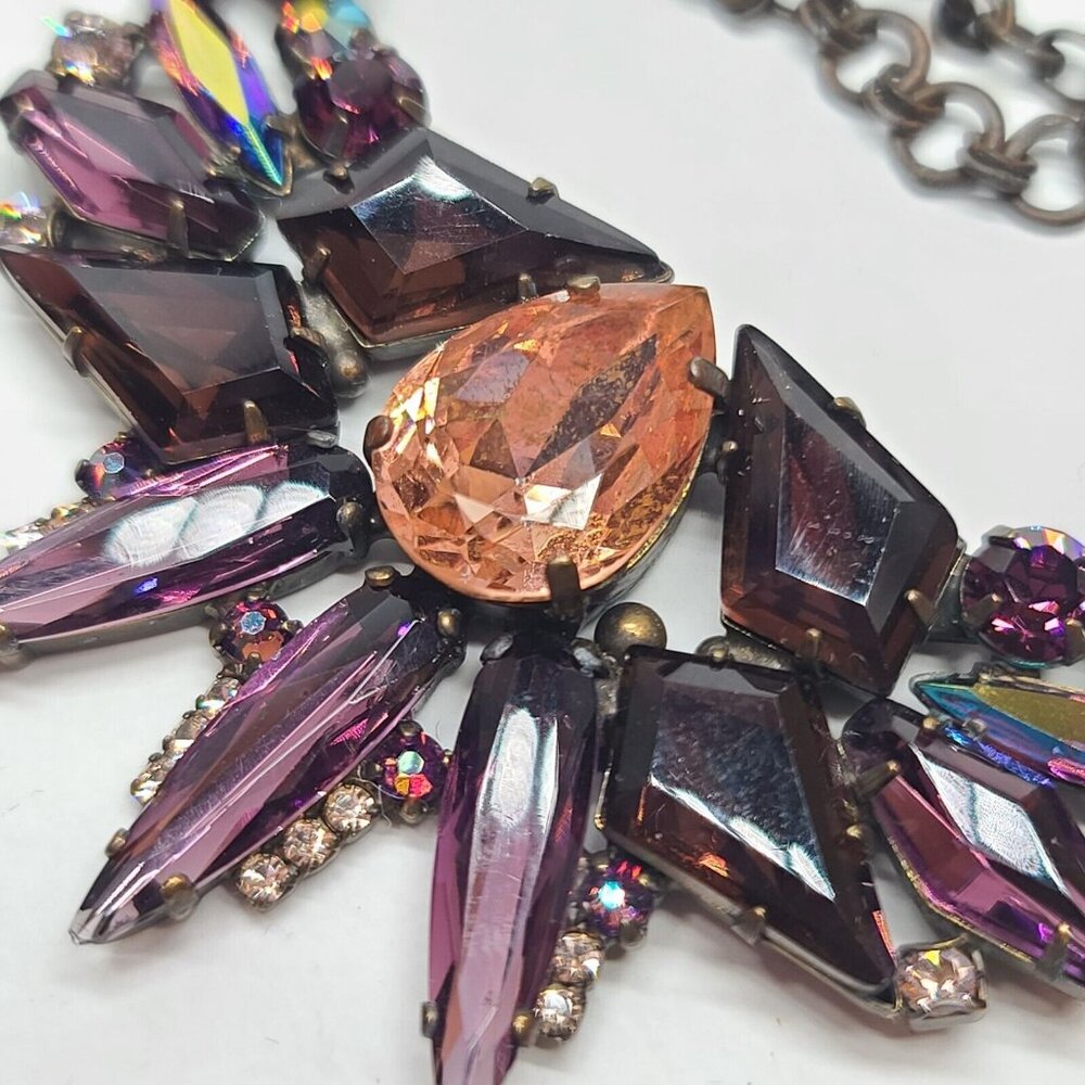 Sorrelli Bronze Necklace Spiky Purple Orange Rhinestone Statement Bib Retro - Picture 3 of 8